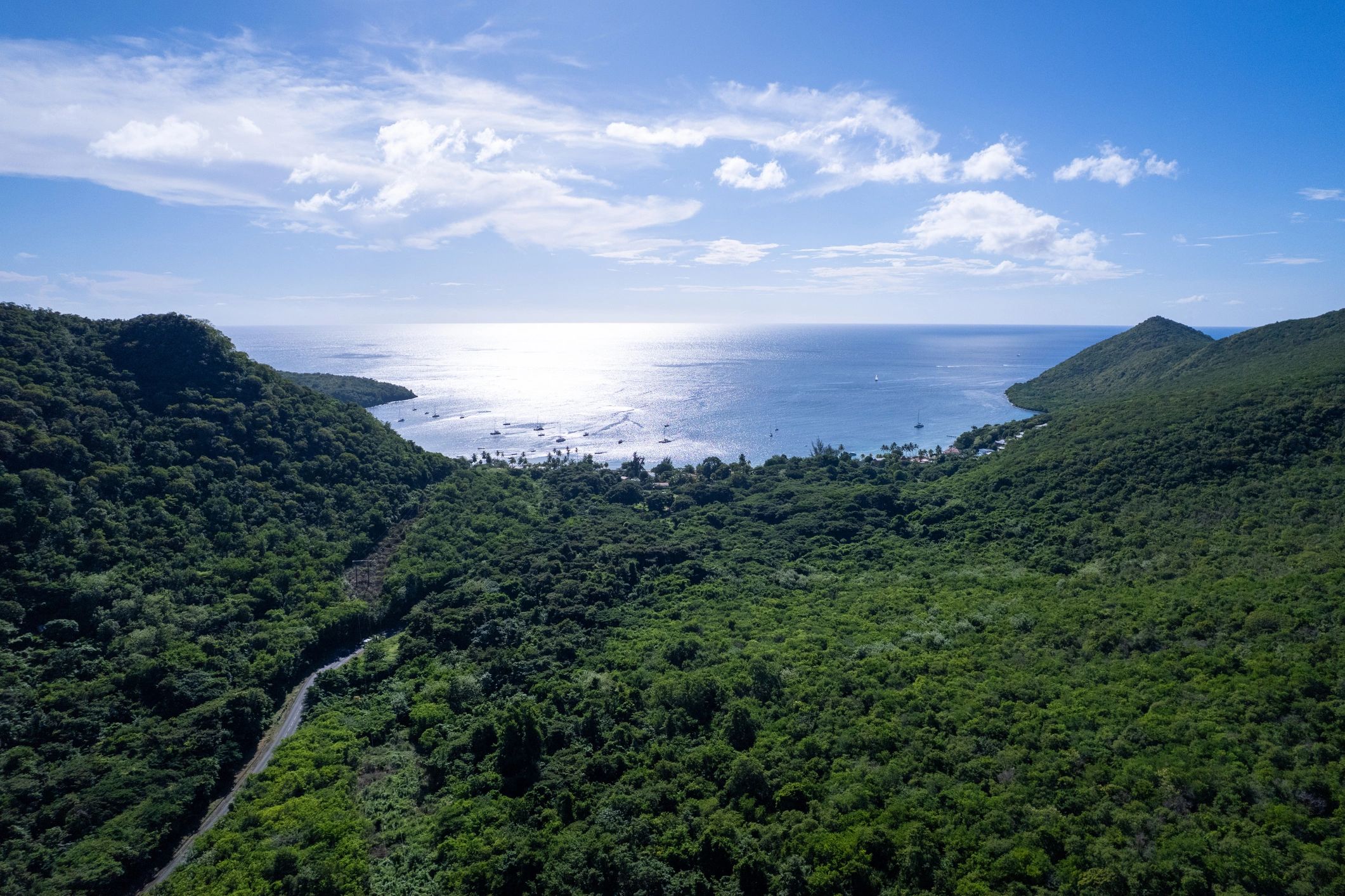 Aerial view of Caribbean sea and tropical coastline
